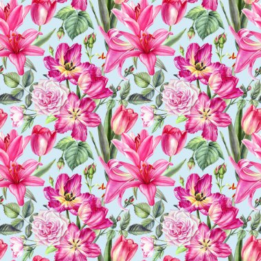 Çiçekli arka plan, çiçekli şakayıklar, laleler, nergisler, suluboya resimler, kusursuz desenler.