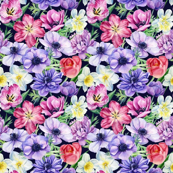 Floral background, flowers anemones, tulips and daffodils, watercolor illustration, seamless pattern — Stock Photo, Image