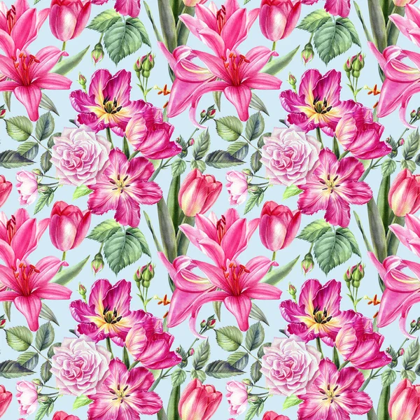 Fondo floreale, fiori anemoni, tulipani, narcisi, rose acquerello illustrazione, modello senza soluzione di continuità — Foto Stock