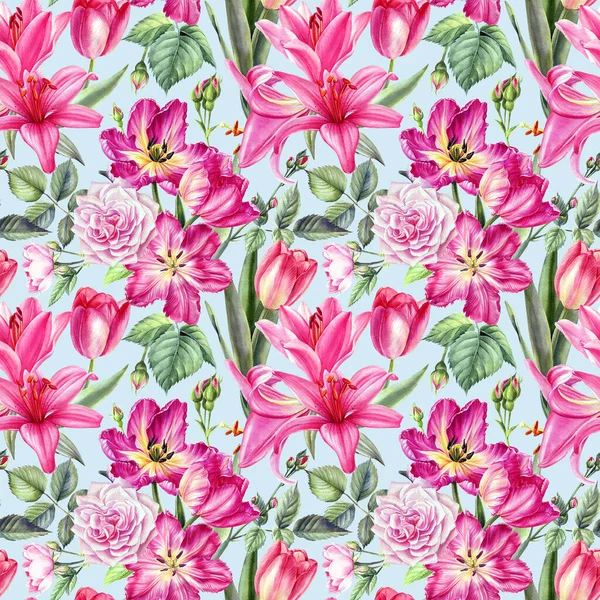 Floral background, flowers anemones, tulips, daffodils, roses watercolor illustration, seamless pattern