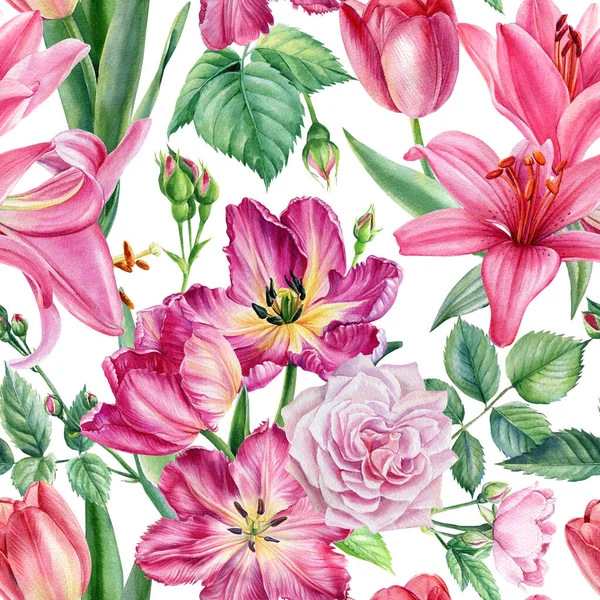 Floraler Hintergrund, Blumen Anemonen, Tulpen, Narzissen, Rosen Aquarell Illustration, nahtlose Muster — Stockfoto