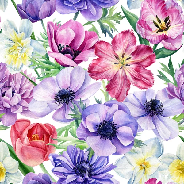 Blommig bakgrund, blommor anemoner, tulpaner och påskliljor, akvarell illustration, sömlös mönster — Stockfoto