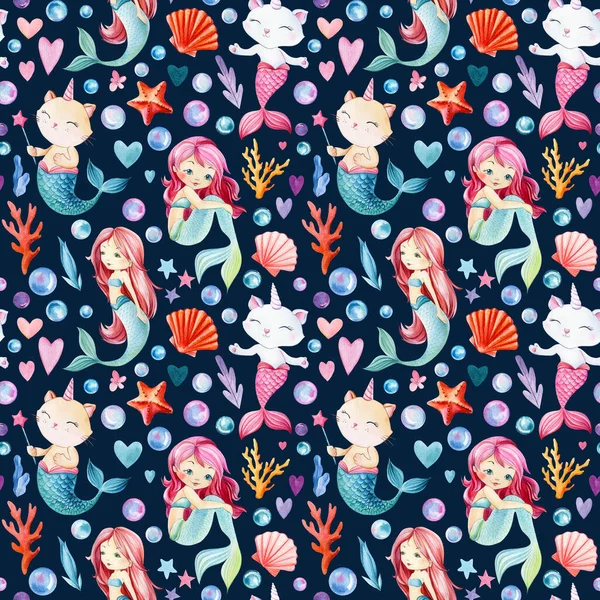 Seamless pattern, sea background with mermaids and cat, bubbles, seashells, corrals and starfish, watercolor drawing — Stock Photo, Image