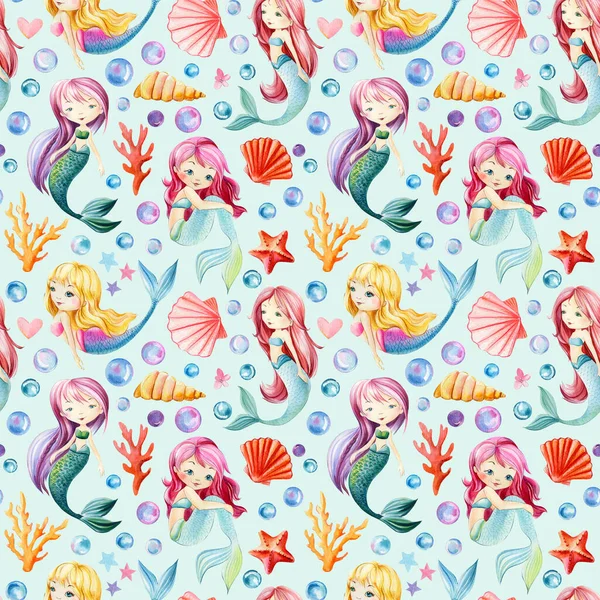 Kusursuz desen, deniz kızı, baloncuk, deniz kabuğu, ağıl ve denizyıldızı, suluboya çizimi. — Stok fotoğraf