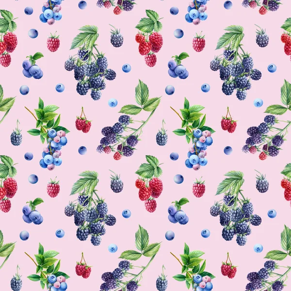 Płynny wzór, jagodowe tło jeżyn, malin i jagód, akwarela botaniczna ilustracja — Zdjęcie stockowe