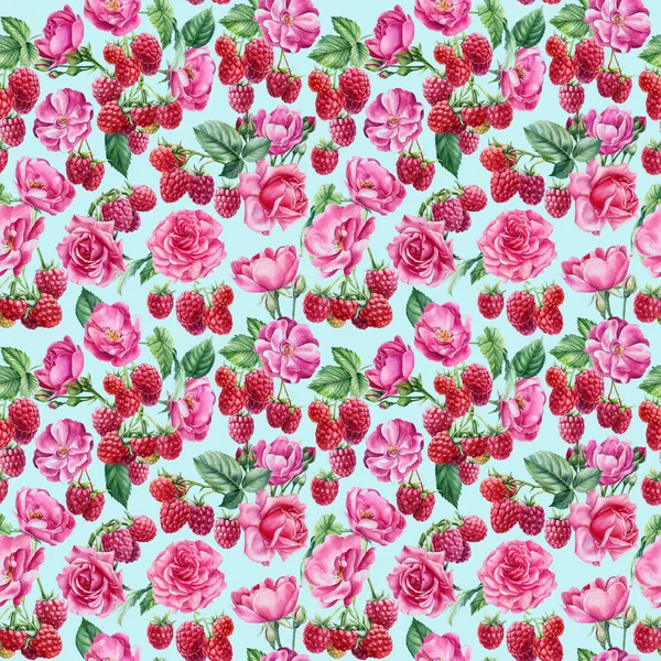 シームレスなパターン、ベリーの背景、ラズベリーとバラの花の枝、水彩植物のイラスト — ストック写真