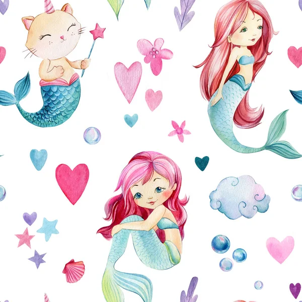 Seamless pattern, baby background with mermaids and cat, bubbles, watercolor drawing — Stock Photo, Image