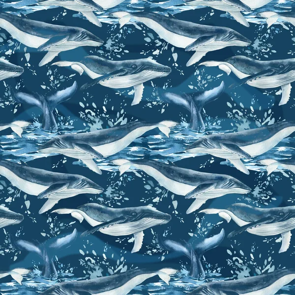 Wieloryby akwarela, tło natury, bezszwowy wzór — Zdjęcie stockowe