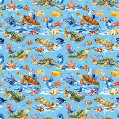 Denizcilik geçmişi, yunuslar, balıklar, deniz atları ve kaplumbağalar. Kusursuz desen, suluboya çizimi