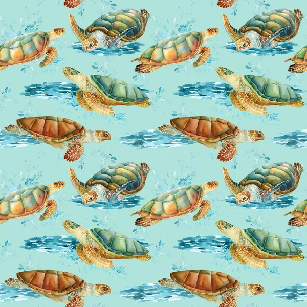 Deniz kaplumbağaları suluboya, doğa arka planı, kusursuz desen — Stok fotoğraf