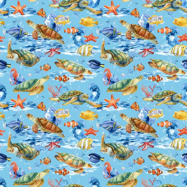 Marine background, dolphins, fish, seahorse and turtles. Seamless pattern, watercolor illustration