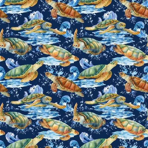 Suluboya Deniz Kaplumbağaları ve Dalgalar, sıçramalar, doğa arka planı, kusursuz desen — Stok fotoğraf