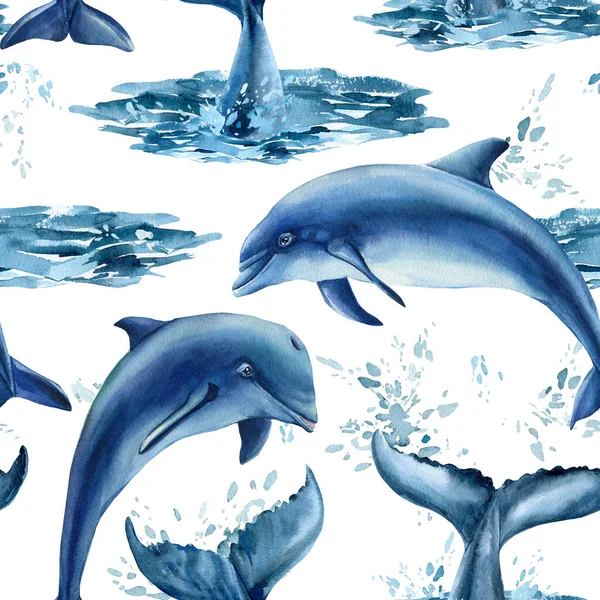 Whales and dolphins watercolor, nature background, seamless pattern