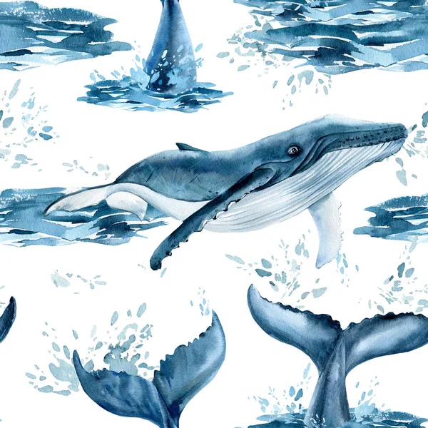 Whales watercolor, nature background, seamless pattern — Stock Photo, Image