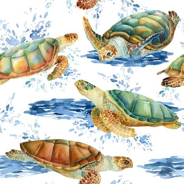 Sea turtles watercolor, nature background, seamless pattern — Stock Photo, Image
