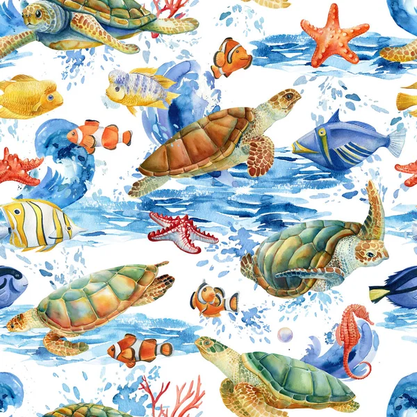 Fond marin, dauphins, poissons, hippocampes et tortues. Modèle sans couture, illustration aquarelle — Photo