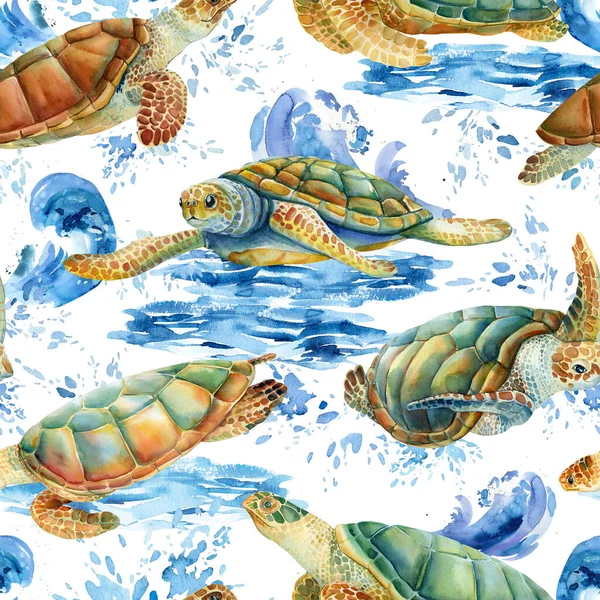 Θαλάσσιες χελώνες υδατογραφία, φόντο της φύσης, αδιάλειπτη μοτίβο — Φωτογραφία Αρχείου
