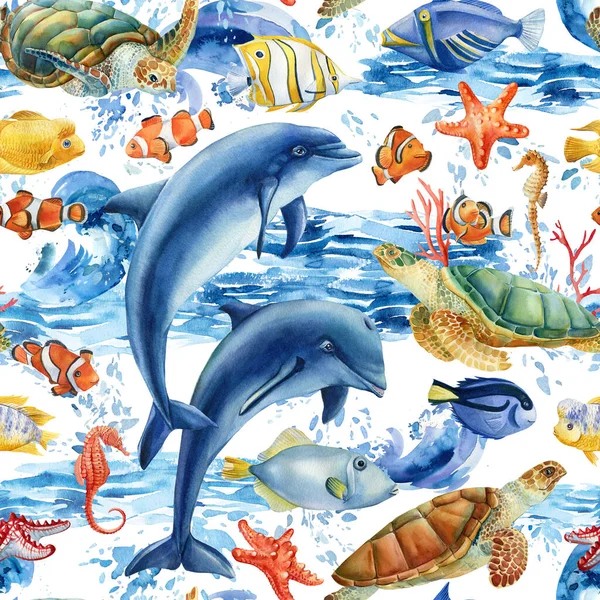 Marine background, dolphins, fish, seahorse and turtles. Seamless pattern, watercolor illustration