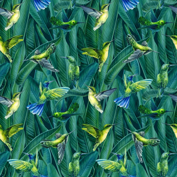 Bezešvý vzor s kolibříky, tropické pozadí, akvarel ilustrace, exotické ptáky a palmy, digitální papír — Stock fotografie
