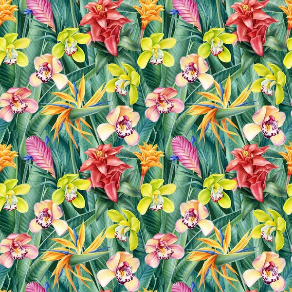 Fundo selvagem com flores e folhas tropicais, ilustração aquarela, padrão sem costura. Papel digital Paradise, — Fotografia de Stock