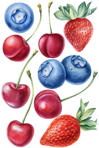 Süße Beeren Blaubeeren, Kirschen, Erdbeeren auf einem isolierten weißen Hintergrund, Aquarell-Illustration — Stockfoto