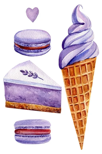 Set süß, Eis, Stück Kuchen, Makronen, Aquarell-Illustration, isolierter weißer Hintergrund, Lavendel — Stockfoto