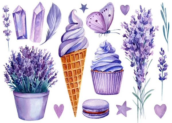 Sött set, glass, cupcake, lavendel blomma och fjäril, akvarell illustration — Stockfoto