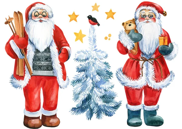 Kerstelementen op witte achtergrond, kerstman, kerstboom en sterren. aquarelillustratie — Stockfoto