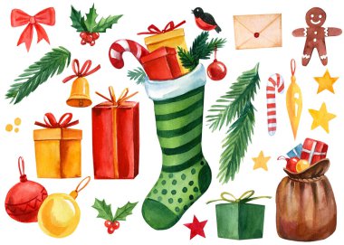Beyaz arka planda Noel unsurları. Hediyeli çorap, köknar ağacı, Noel baloları, yıldızlar ve kurabiyeler.