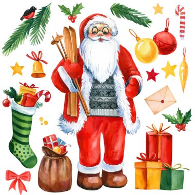Noel Baba. Beyaz arka planda Noel unsurları, köknar dalları, Noel baloları, yıldızlar, zarf, çorap ve hediyeler