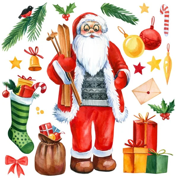De kerstman. Kerst elementen op witte achtergrond, sparren takken, kerstballen, sterren, envelop, sok en geschenken — Stockfoto