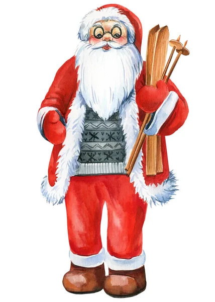 Santa Claus with skis, Christmas watercolor illustration — 图库照片