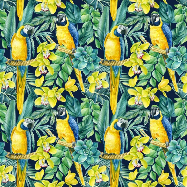 Seamless pattern of tropical leaves, orchid flowers and macaw parrots, jungle background, watercolor painting