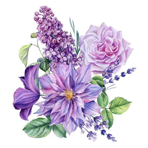 Boeket bloemen op geïsoleerde witte achtergrond, aquarel illustratie, clematis, roos, lavendel en lila — Stockfoto