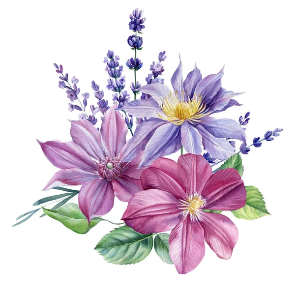 孤立した白い背景に紫色の花の花束、水彩画、クレマチス、ラベンダーとライラック — ストック写真