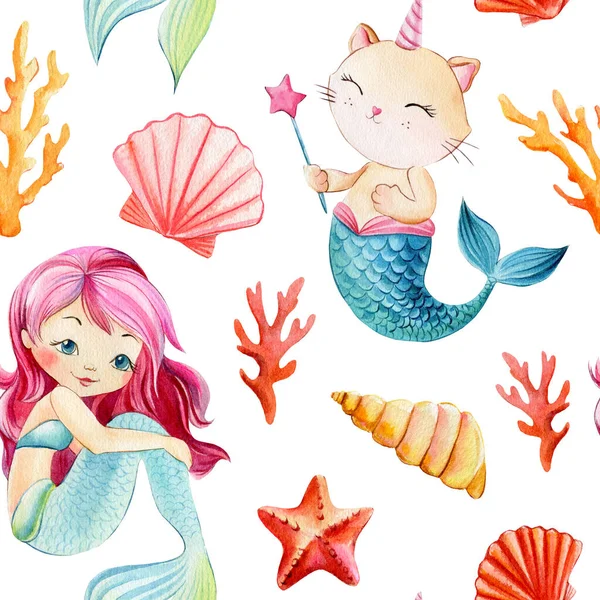 Dětské pozadí s mořskými pannami a kočka-jednorožec. Bezešvý vzor, akvarel kresba — Stock fotografie