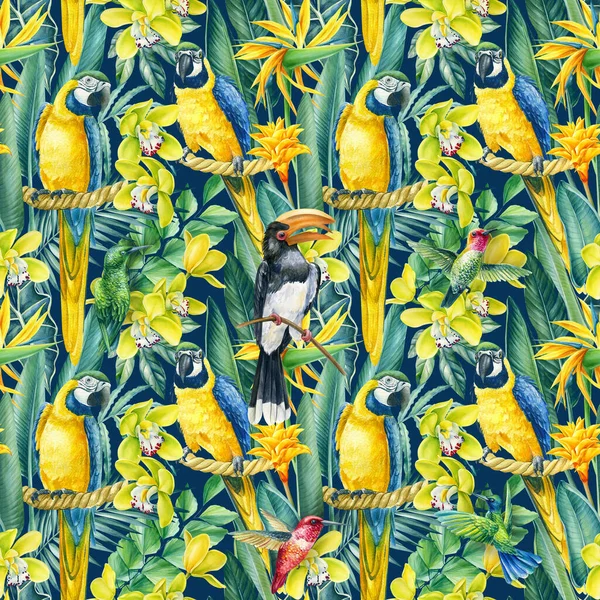 Απρόσκοπτη μοτίβο των τροπικών φύλλων, ορχιδέα λουλούδια και παπαγάλοι μακάο, ζούγκλα φόντο, ακουαρέλα ζωγραφική — Φωτογραφία Αρχείου