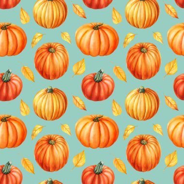 Kabak ve yaprakların kusursuz deseni, sonbahar arkaplanı, suluboya çizimler.