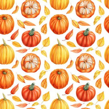 Kabak ve yaprakların kusursuz deseni, sonbahar arkaplanı, suluboya çizimler.