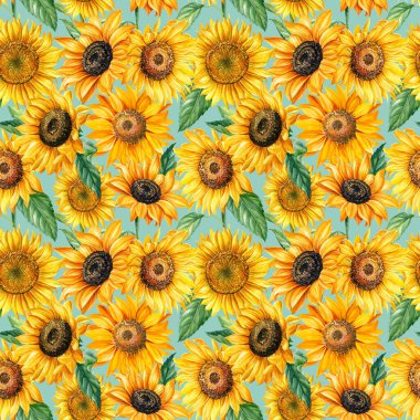 Kusursuz ayçiçeği deseni, sonbahar arkaplanı. Suluboya çizimi 