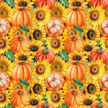 Kabakların ve ayçiçeklerinin kusursuz deseni, sonbahar arkaplanı, suluboya çizimler