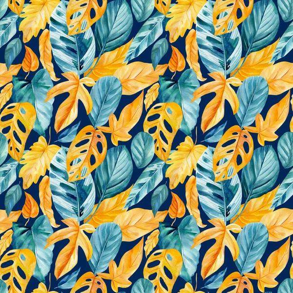 Akvarell sömlös mönster av blad. Handmålade tropiska växter. Blommig illustration för design, tyg bakgrund. — Stockfoto