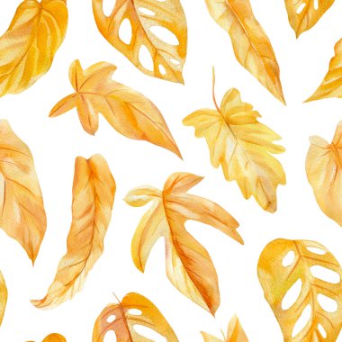 Yaprakların dikişsiz deseni suluboya. Elle boyanmış tropik bitkiler. Tasarım ve kumaş arkaplanı için çiçek çizimi.