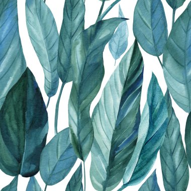 Yaprakların dikişsiz deseni suluboya. Elle boyanmış tropik bitkiler. Tasarım ve kumaş arkaplanı için çiçek çizimi.