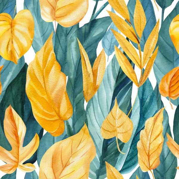 Yaprakların dikişsiz deseni suluboya. Elle boyanmış tropik bitkiler. Tasarım ve kumaş arkaplanı için çiçek çizimi.