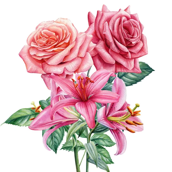 Bouquet di fiori su sfondo bianco isolato, illustrazione ad acquerello, rose e gigli — Foto Stock