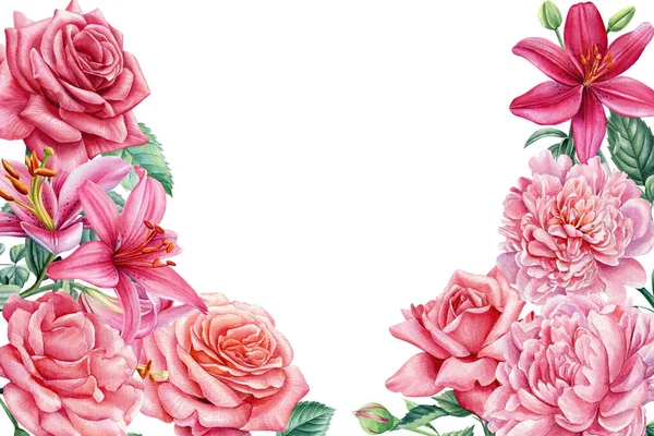 Biglietto di auguri con spazio per testo, fiori di rose, gigli e peonie, illustrazione ad acquerello, disegno floreale — Foto Stock