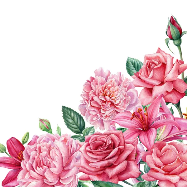 문자, 장미 꽃, 백합 과 꽃, 수채화, 꽃무늬등을 넣는 인사 카드 — 스톡 사진