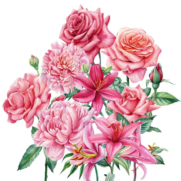 Bouquet di fiori rose, gigli e peonie, acquerello botanico illustrazione, matrimonio design — Foto Stock