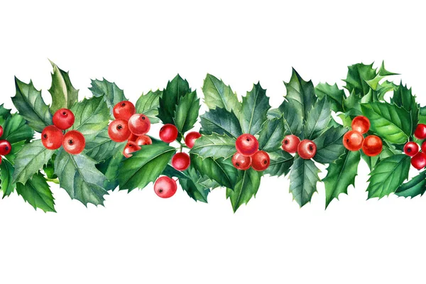 Julgränsen. Holly grenar på vit bakgrund, akvarell illustration — Stockfoto
